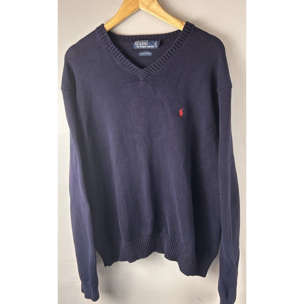 Men’s Vintage Polo Ralph Lauren V-Neck Cotton Sweater size XL Navy Blue